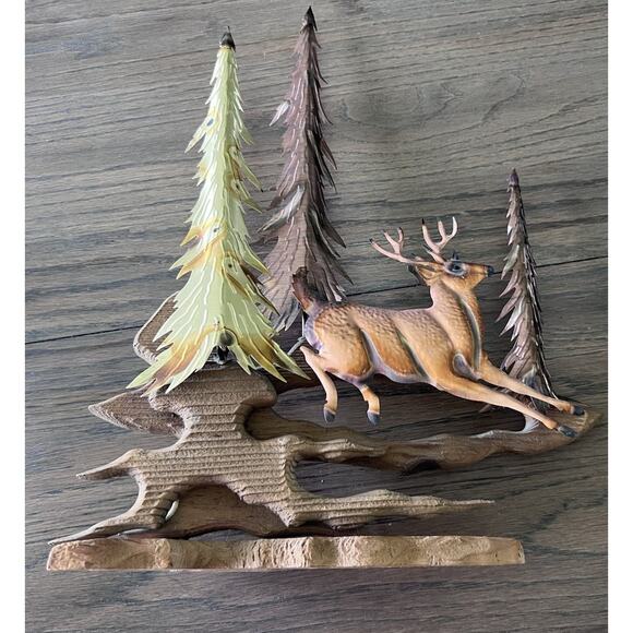 Vintage Brass Copper Deer Sculpture Trees Wood Metal Wall Art Table Top 13"x 15" - Picture 1 of 6